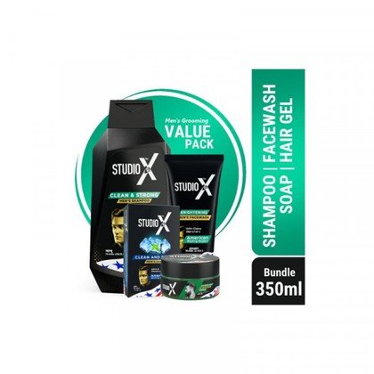 Studio X Men's Grooming Bundle Pack (Small) - Shampoo 175ml + Facewash 50ml + Soap 75g + Hair Gel 50ml