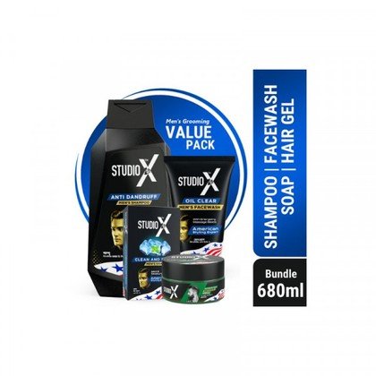 Studio X Men's Grooming Bundle Pack (Large) - Shampoo 355ml + Facewash 100ml + Soap 125g + Hair Gel 100ml